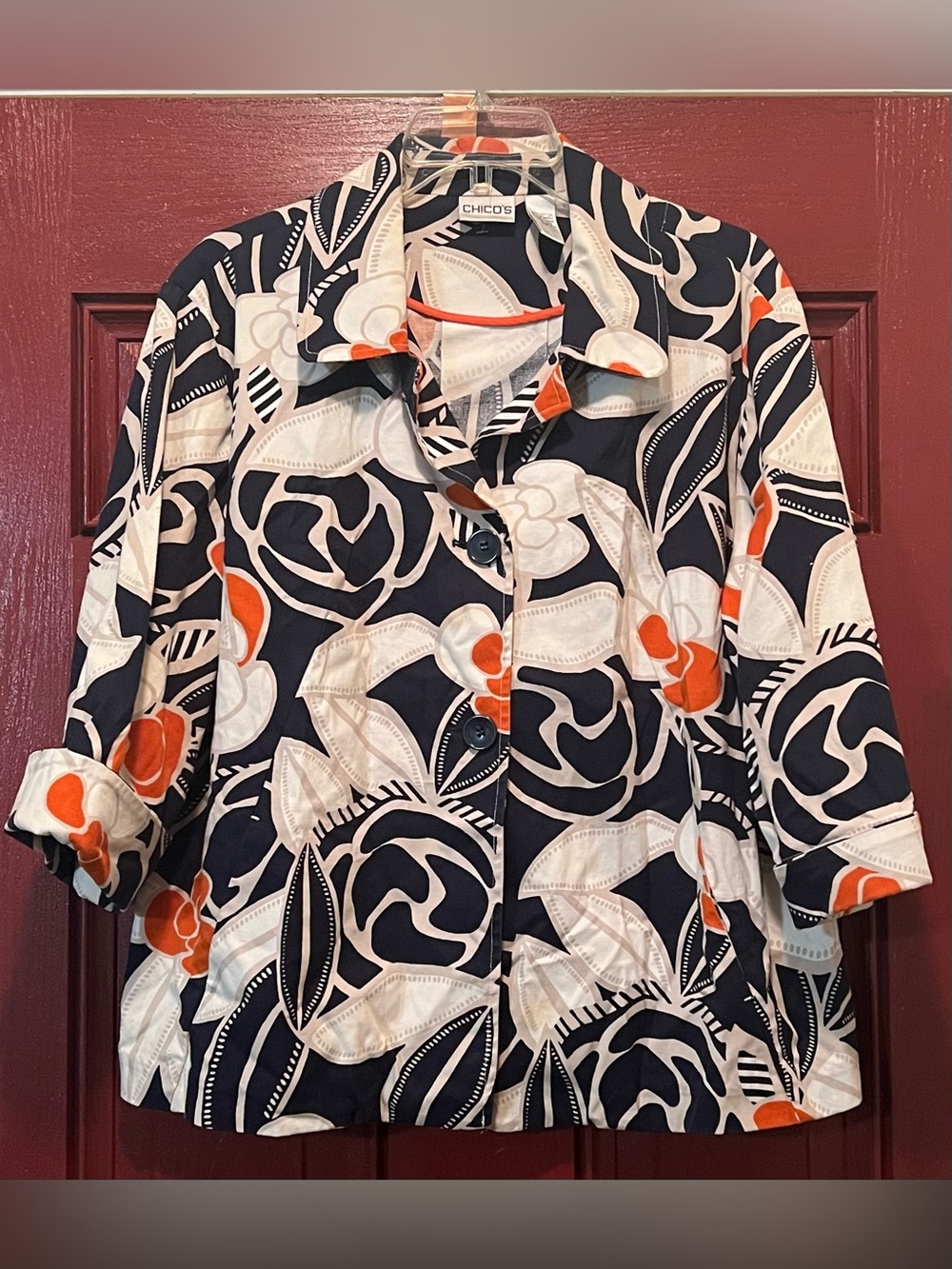 Chico's Black Floral Button-Front Jacket with Orange Highlights